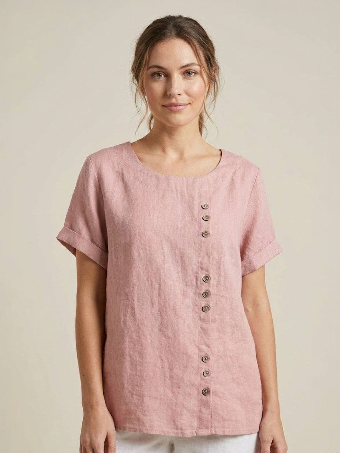 Blusa de lino de manga corta para mujer con detalle de botones-Blouses for women-Casaluzia