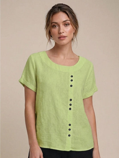 Blusa de lino de manga corta para mujer con detalle de botones-Blouses for women-Casaluzia