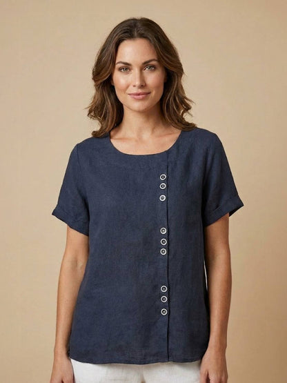 Blusa de lino de manga corta para mujer con detalle de botones-Blouses for women-Casaluzia