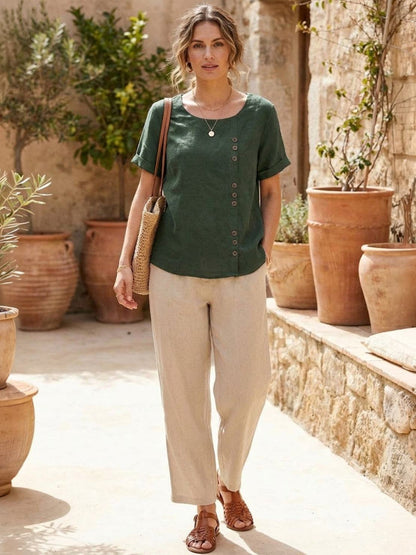 Blusa de lino de manga corta para mujer con detalle de botones-Blouses for women-Casaluzia