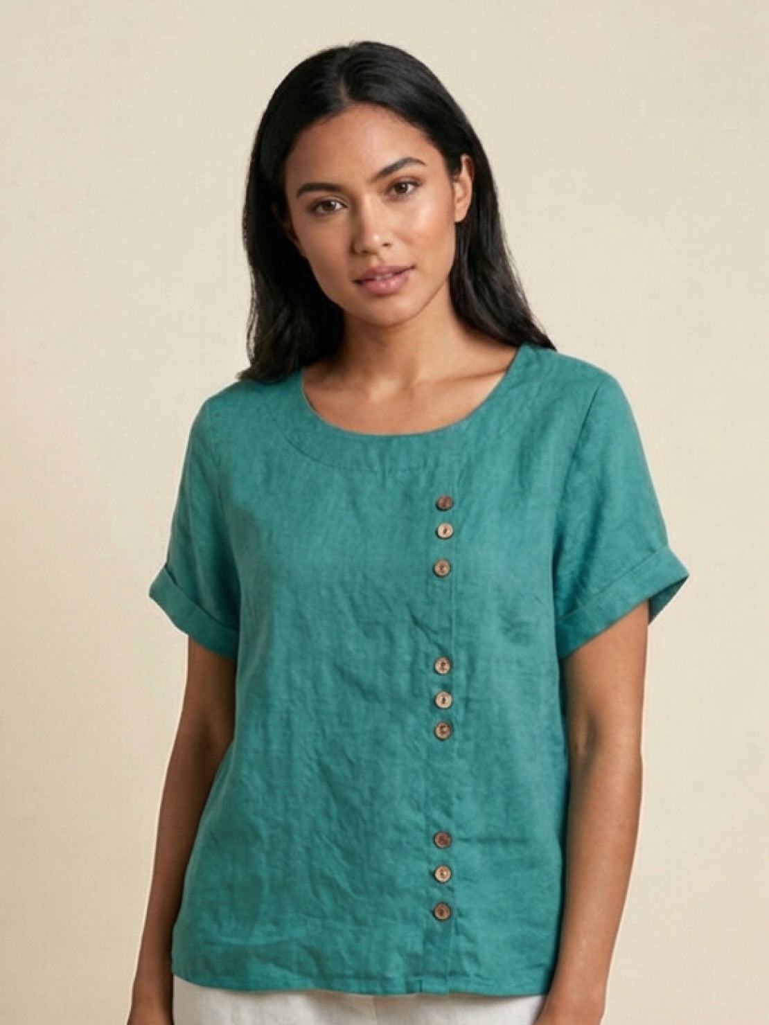 Blusa de lino de manga corta para mujer con detalle de botones-Blouses for women-Casaluzia