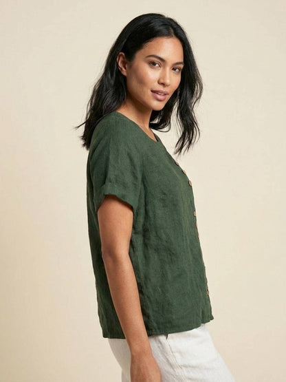 Blusa de lino de manga corta para mujer con detalle de botones-Blouses for women-Casaluzia