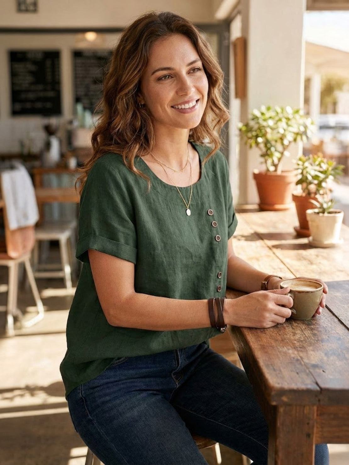 Blusa de lino de manga corta para mujer con detalle de botones-Blouses for women-Casaluzia