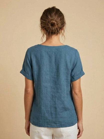 Blusa de lino de manga corta para mujer con detalle de botones-Blouses for women-Casaluzia