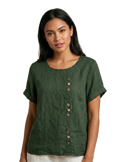 Blusa de lino de manga corta para mujer con detalle de botones-Blouses for women-Casaluzia