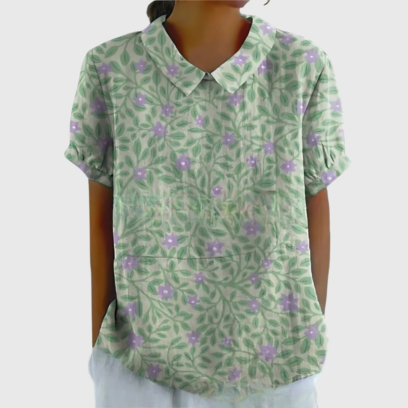 Blusa de manga corta para mujer con estampado floral y cuello Peter Pan-Blouses for women-Casaluzia