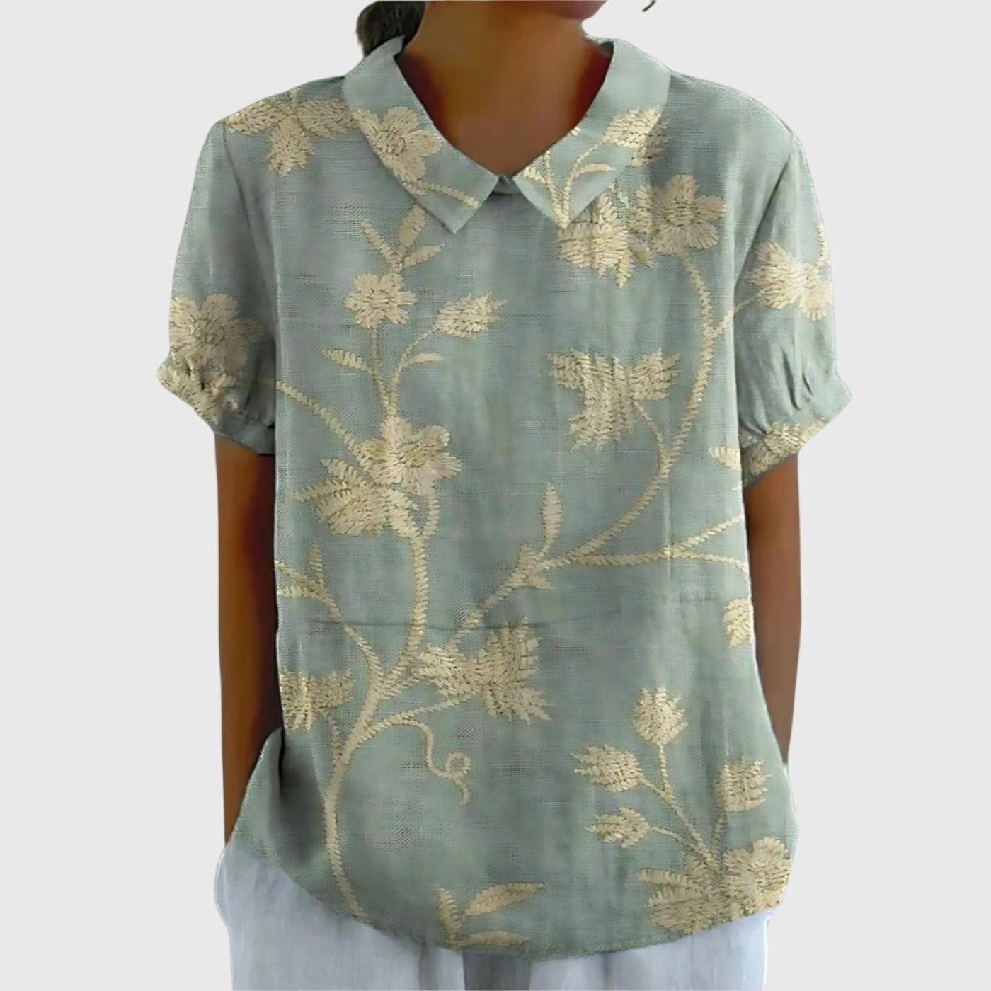 Blusa de manga corta para mujer con estampado floral y cuello Peter Pan-Blouses for women-Casaluzia