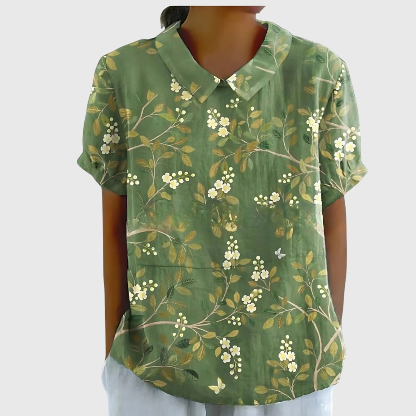 Blusa de manga corta para mujer con estampado floral y cuello Peter Pan-Blouses for women-Casaluzia
