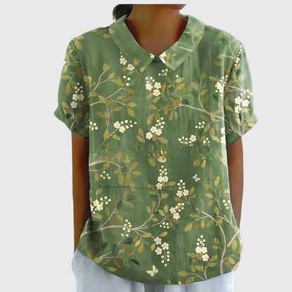 Blusa de manga corta para mujer con estampado floral y cuello Peter Pan-Blouses for women-Casaluzia