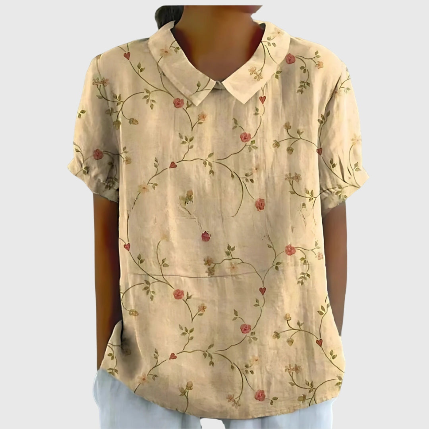 Blusa de manga corta para mujer con estampado floral y cuello Peter Pan-Blouses for women-Casaluzia