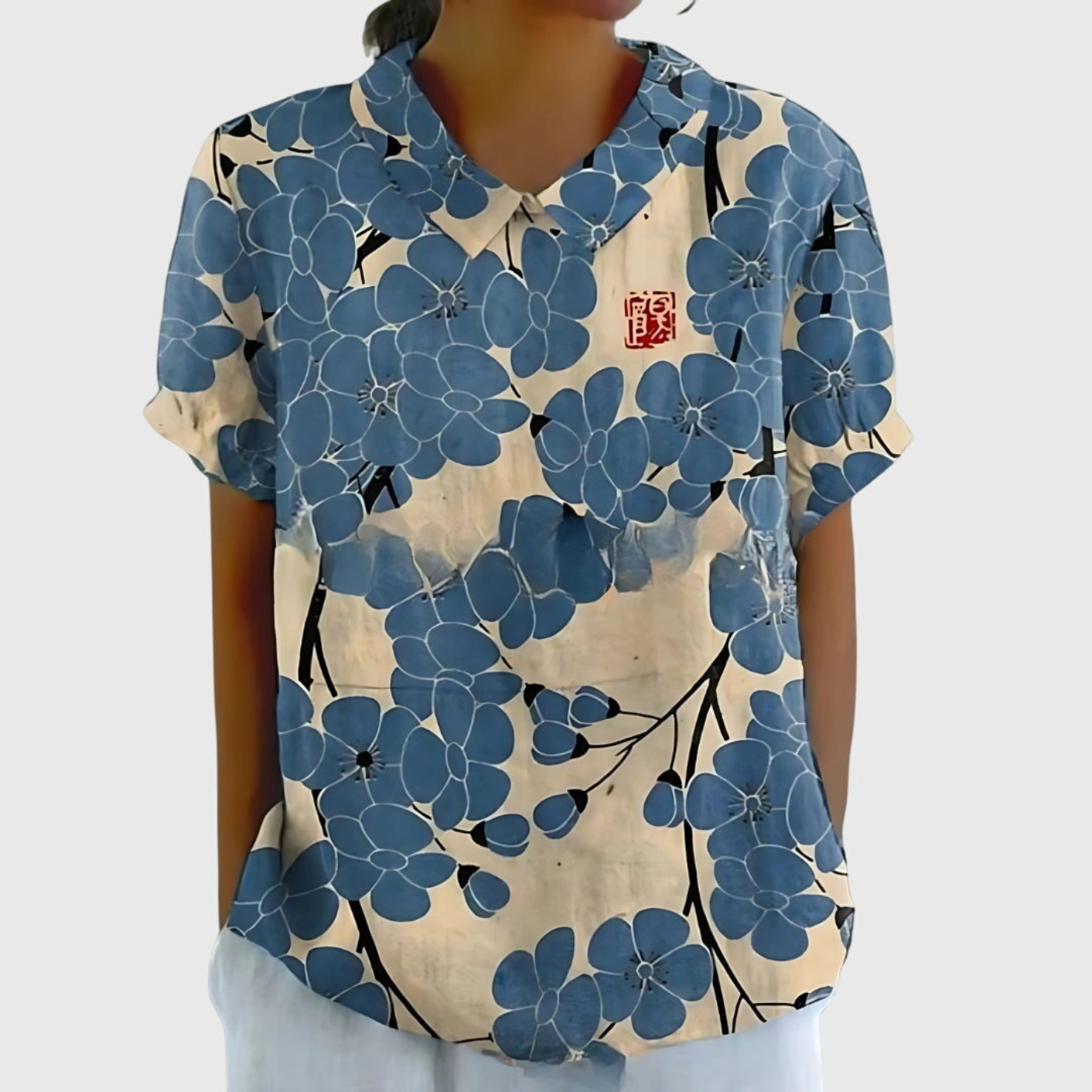 Blusa de manga corta para mujer con estampado floral y cuello Peter Pan-Blouses for women-Casaluzia