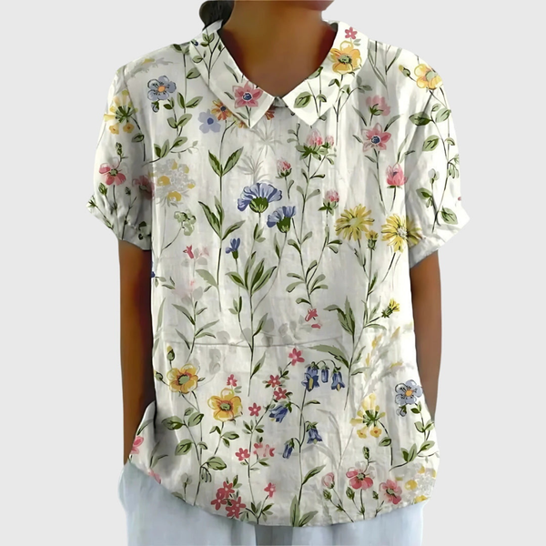 Blusa de manga corta para mujer con estampado floral y cuello Peter Pan-Blouses for women-Casaluzia