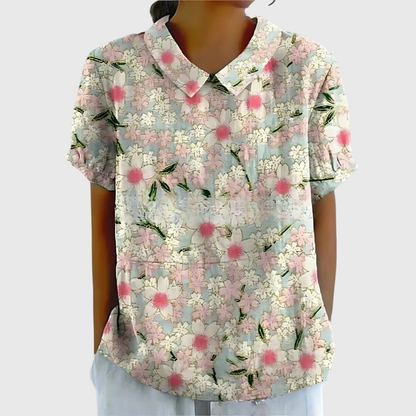 Blusa de manga corta para mujer con estampado floral y cuello Peter Pan-Blouses for women-Casaluzia