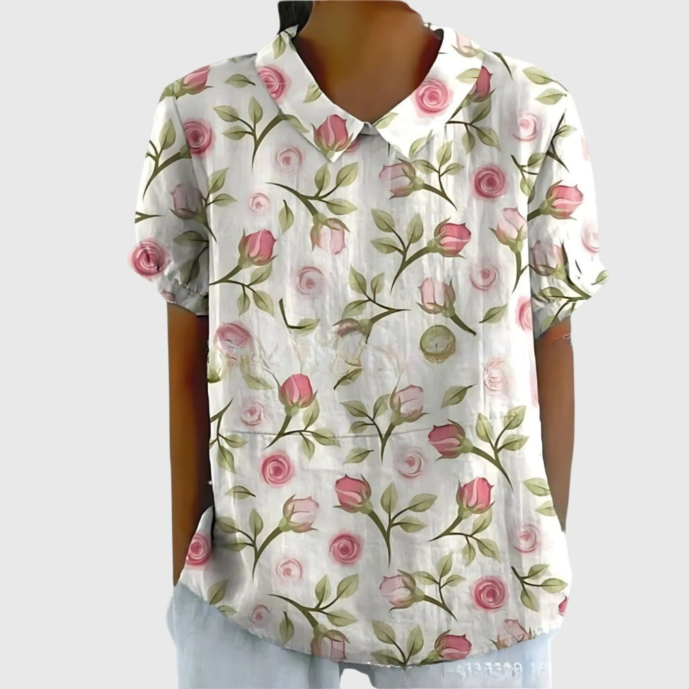 Blusa de manga corta para mujer con estampado floral y cuello Peter Pan-Blouses for women-Casaluzia