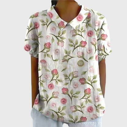 Blusa de manga corta para mujer con estampado floral y cuello Peter Pan-Blouses for women-Casaluzia