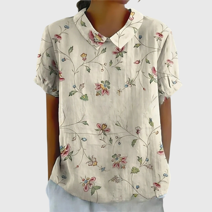 Blusa de manga corta para mujer con estampado floral y cuello Peter Pan-Blouses for women-Casaluzia