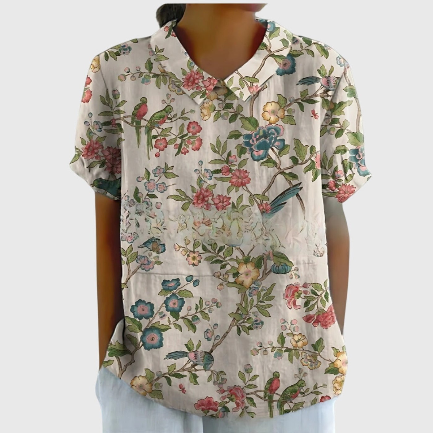Blusa de manga corta para mujer con estampado floral y cuello Peter Pan-Blouses for women-Casaluzia