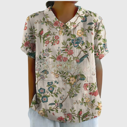 Blusa de manga corta para mujer con estampado floral y cuello Peter Pan-Blouses for women-Casaluzia