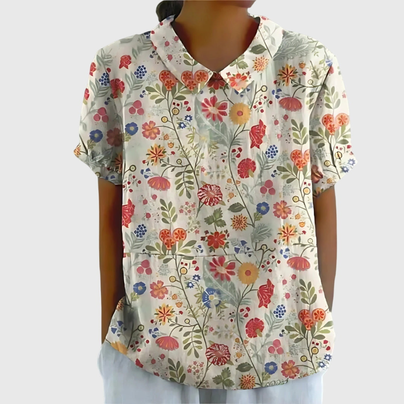 Blusa de manga corta para mujer con estampado floral y cuello Peter Pan-Blouses for women-Casaluzia