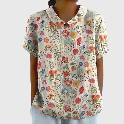 Blusa de manga corta para mujer con estampado floral y cuello Peter Pan-Blouses for women-Casaluzia