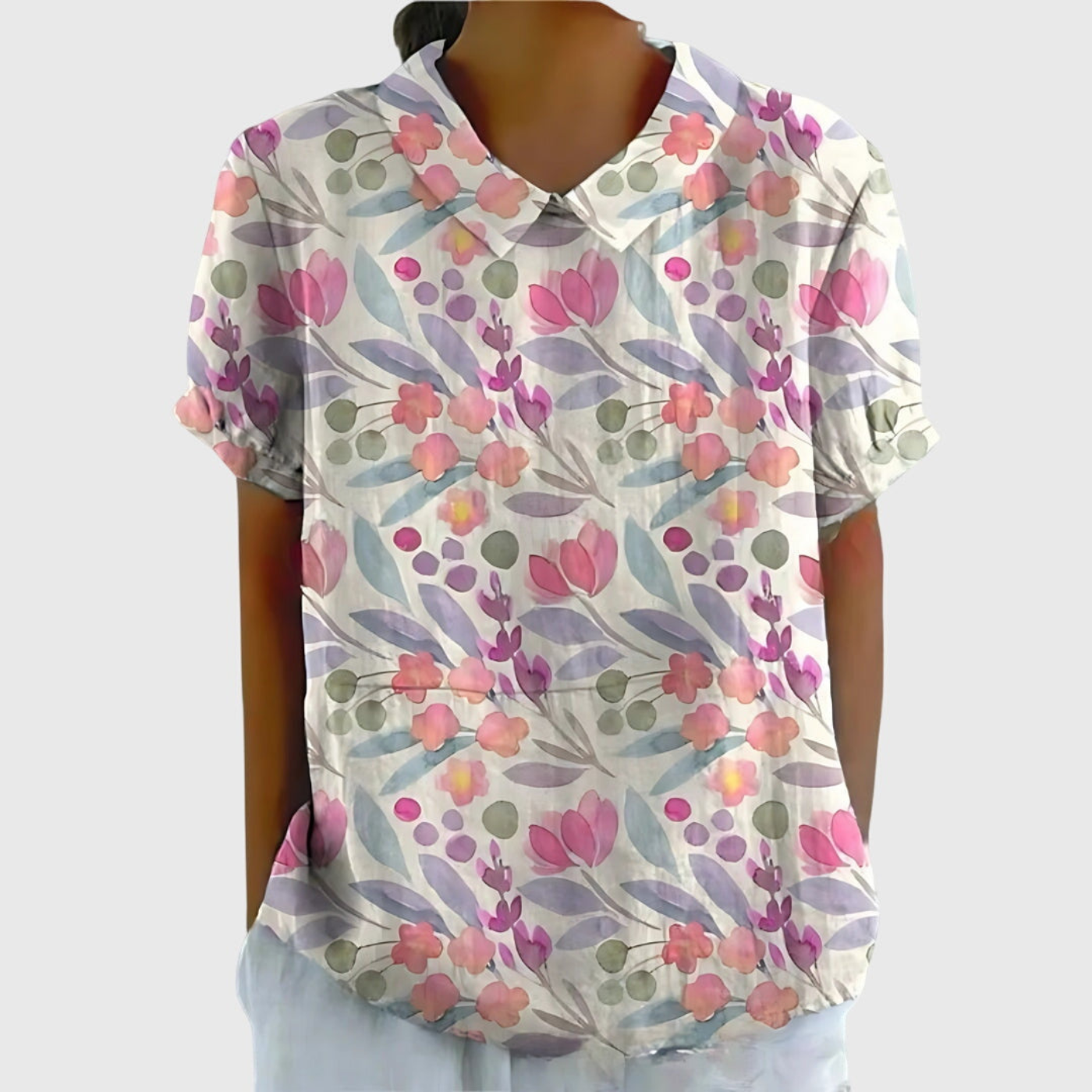 Blusa de manga corta para mujer con estampado floral y cuello Peter Pan-Blouses for women-Casaluzia