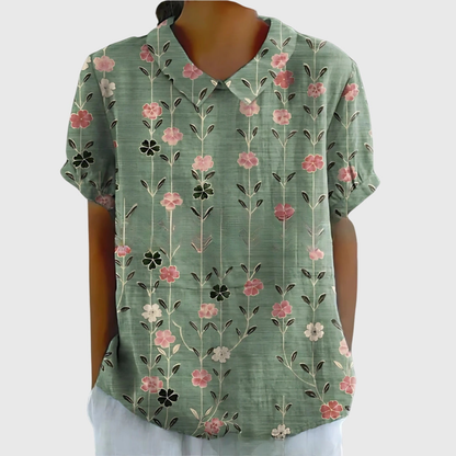 Blusa de manga corta para mujer con estampado floral y cuello Peter Pan-Blouses for women-Casaluzia