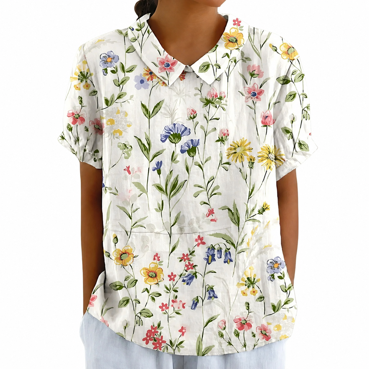 Blusa de manga corta para mujer con estampado floral y cuello Peter Pan-Blouses for women-Casaluzia
