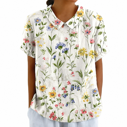Blusa de manga corta para mujer con estampado floral y cuello Peter Pan-Blouses for women-Casaluzia