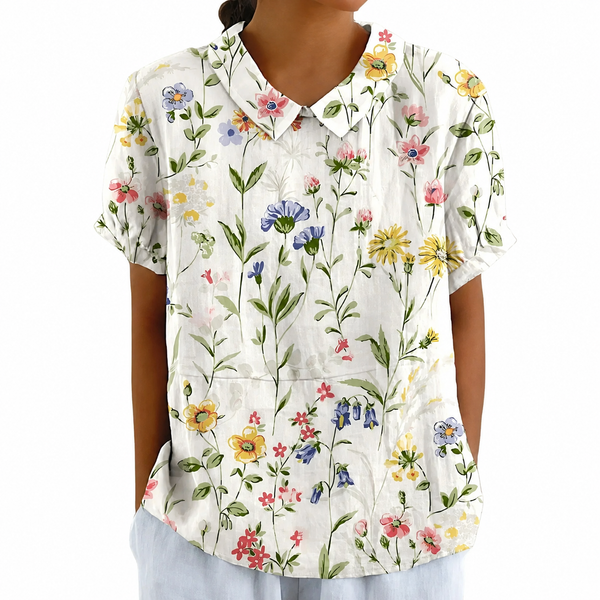 Blusa de manga corta para mujer con estampado floral y cuello Peter Pan