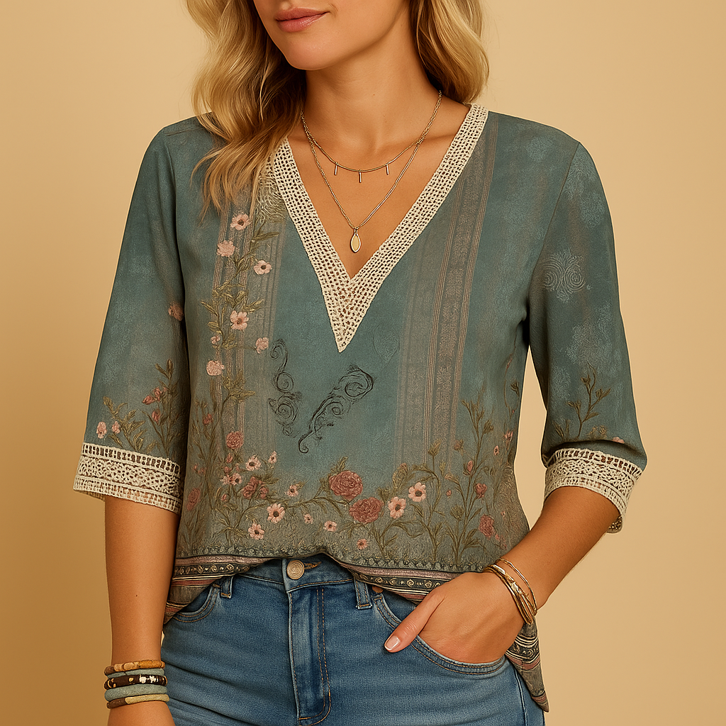 Blusa de mujer con cuello en V, ribete de ganchillo y estampado-Blouses for women-Casaluzia