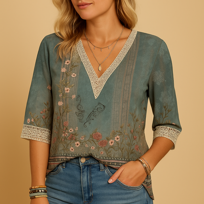 Blusa de mujer con cuello en V, ribete de ganchillo y estampado-Blouses for women-Casaluzia