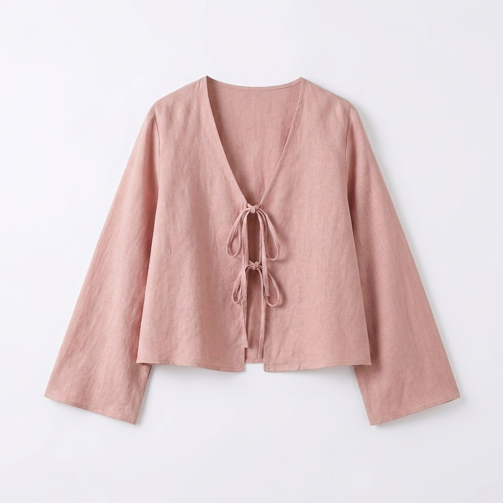 Blusa de mujer con escote en V, cierre de lazos frontal y mangas anchas-Blouse for women-Casaluzia