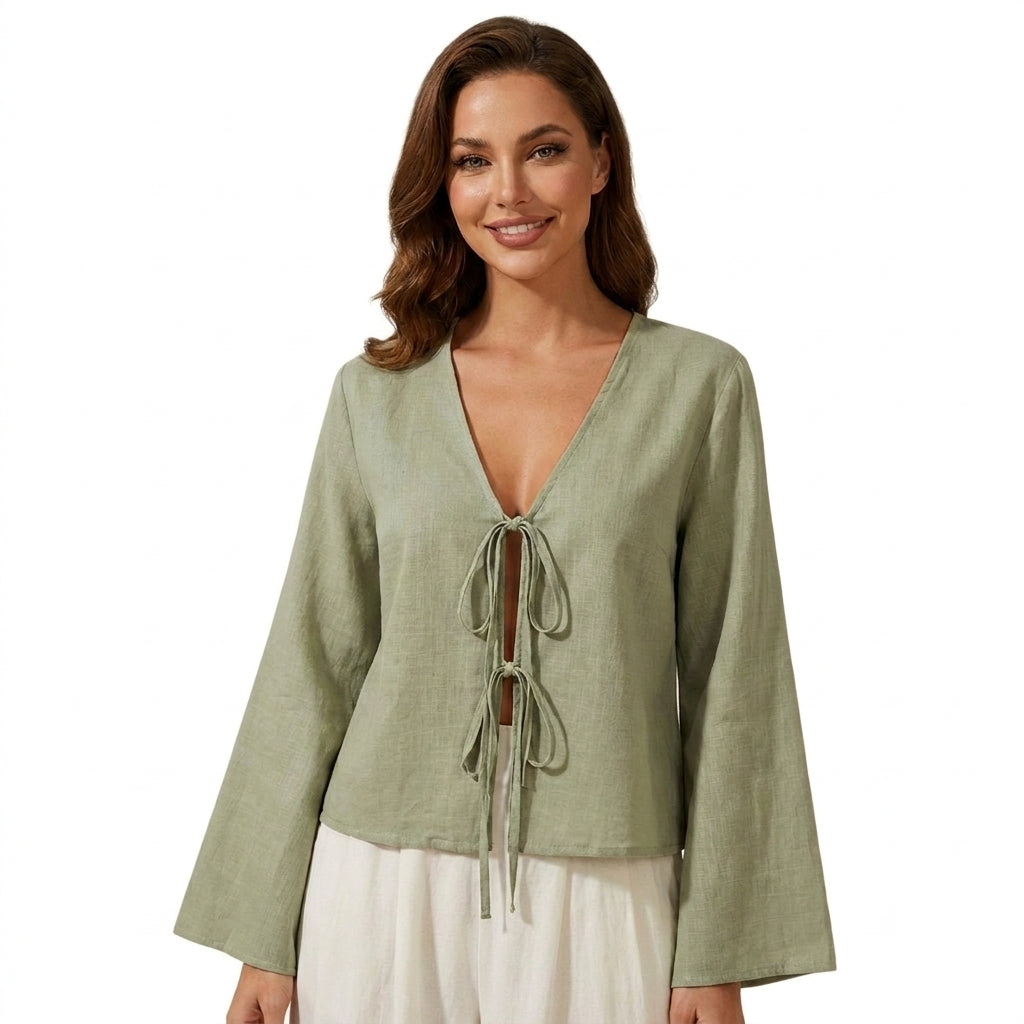 Blusa de mujer con escote en V, cierre de lazos frontal y mangas anchas-Blouse for women-Casaluzia