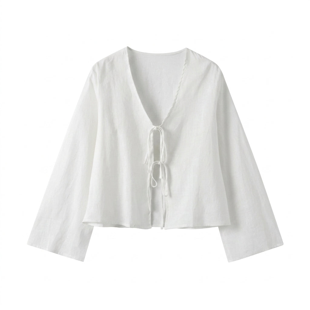 Blusa de mujer con escote en V, cierre de lazos frontal y mangas anchas-Blouse for women-Casaluzia