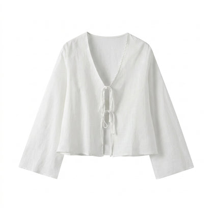 Blusa de mujer con escote en V, cierre de lazos frontal y mangas anchas-Blouse for women-Casaluzia
