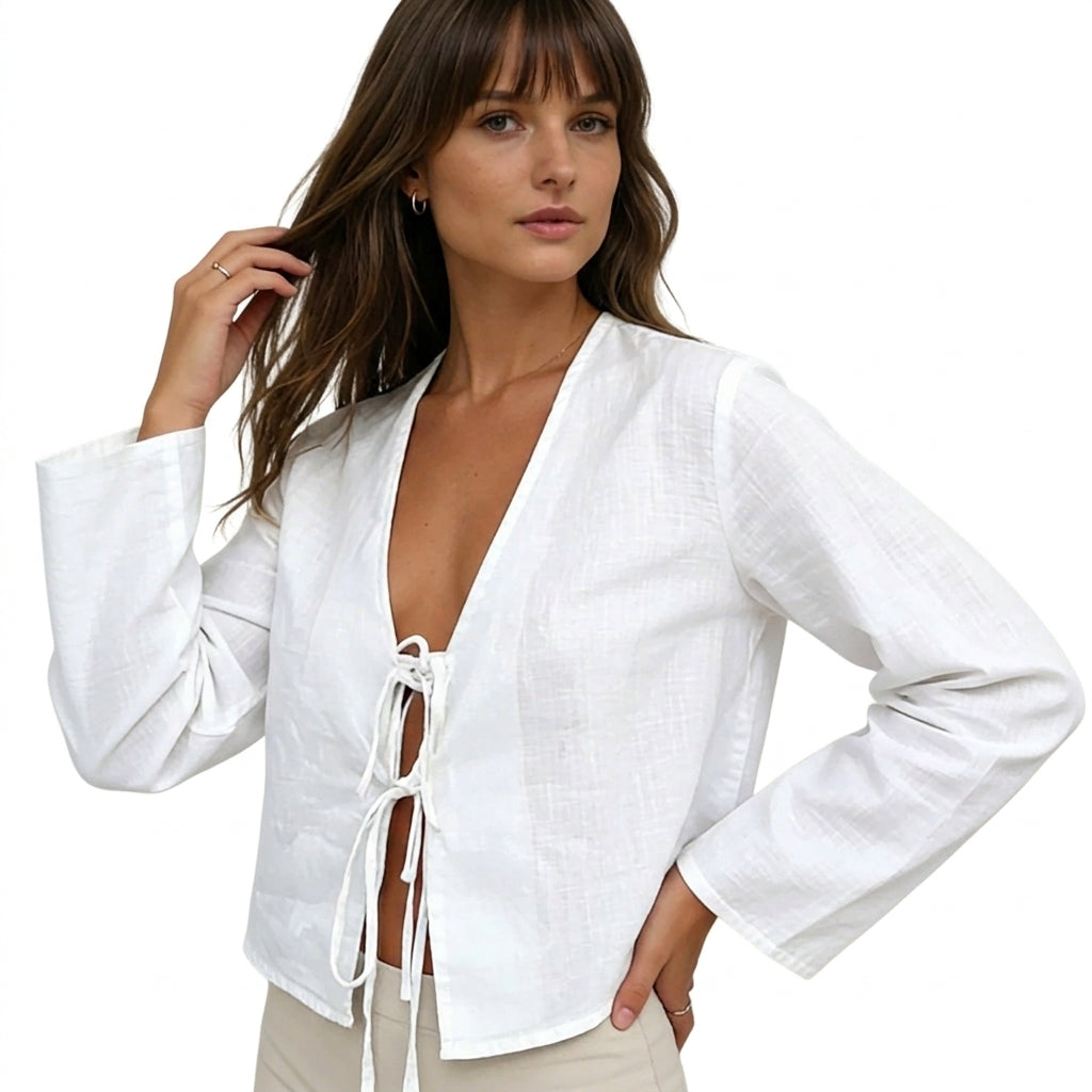Blusa de mujer con escote en V, cierre de lazos frontal y mangas anchas-Blouse for women-Casaluzia