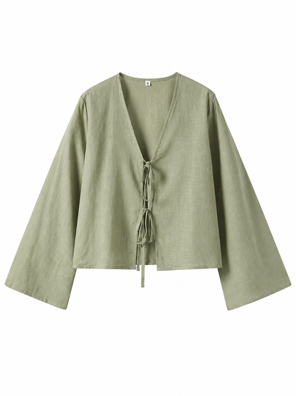Blusa de mujer con escote en V, cierre de lazos frontal y mangas anchas-Blouse for women-Casaluzia