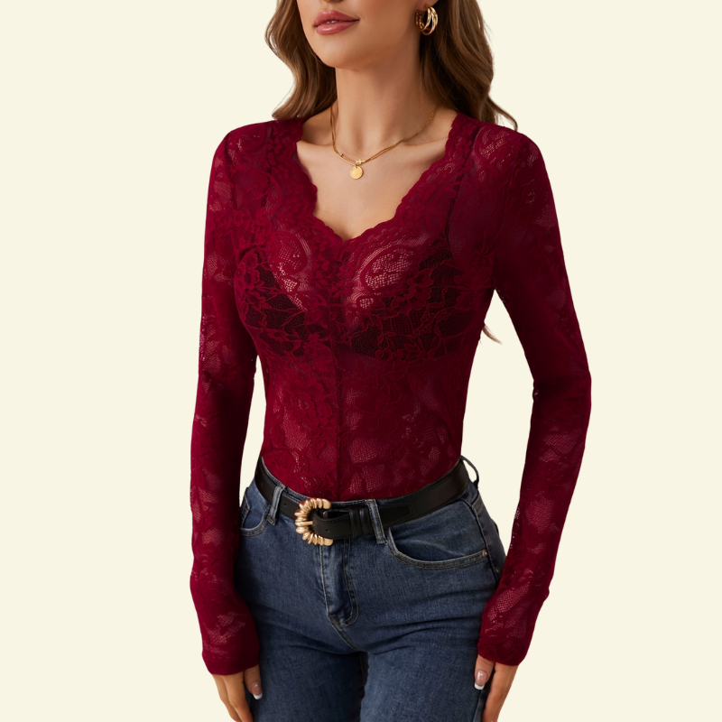 Blusa de mujer de encaje con manga larga y escote en V con borde ondulado-Blouse for women-Casaluzia