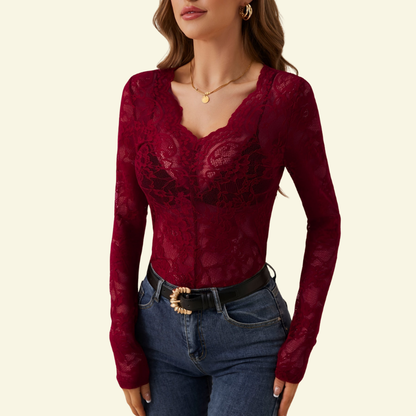 Blusa de mujer de encaje con manga larga y escote en V con borde ondulado-Blouse for women-Casaluzia