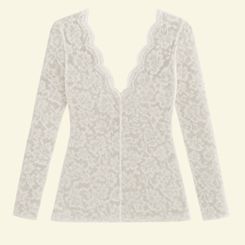 Blusa de mujer de encaje con manga larga y escote en V con borde ondulado-Blouse for women-Casaluzia