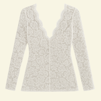 Blusa de mujer de encaje con manga larga y escote en V con borde ondulado-Blouse for women-Casaluzia