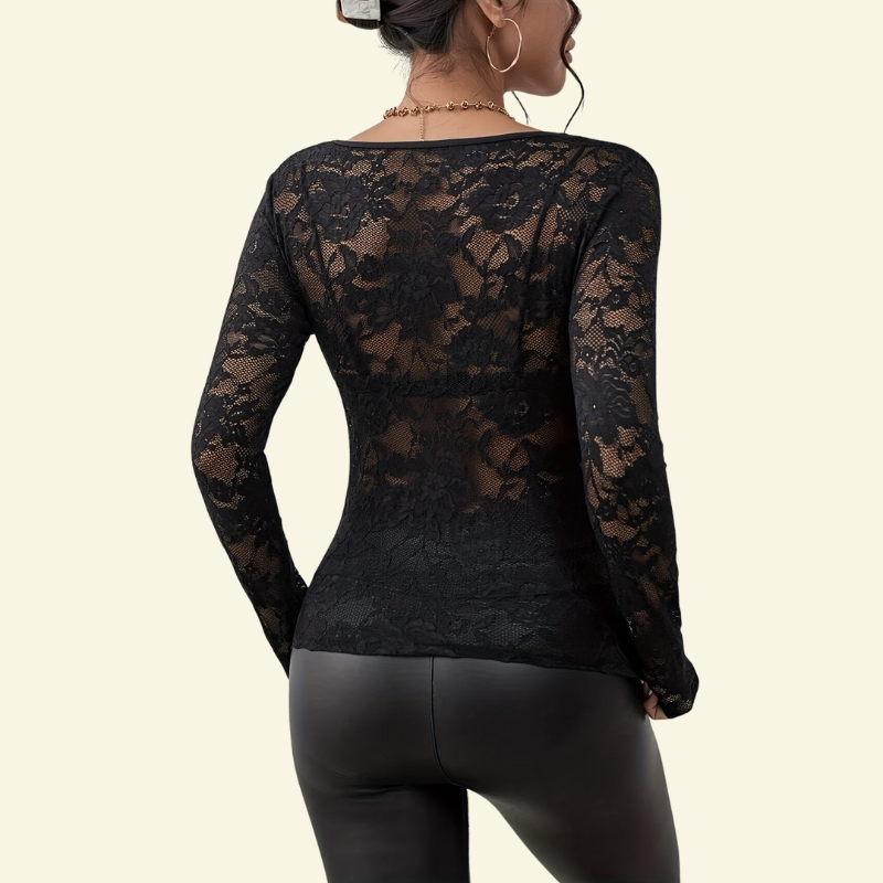 Blusa de mujer de encaje con manga larga y escote en V con borde ondulado-Blouse for women-Casaluzia