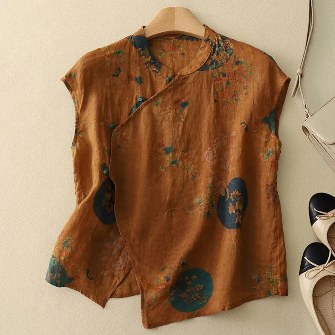 Blusa de mujer de manga corta con estampado floral, cuello mandarín y cierre de botones-Blouse for women-Casaluzia