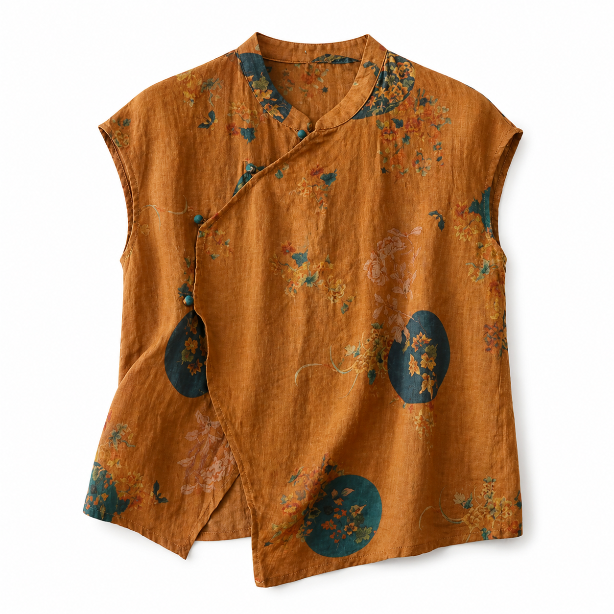 Blusa de mujer de manga corta con estampado floral, cuello mandarín y cierre de botones-Blouse for women-Casaluzia