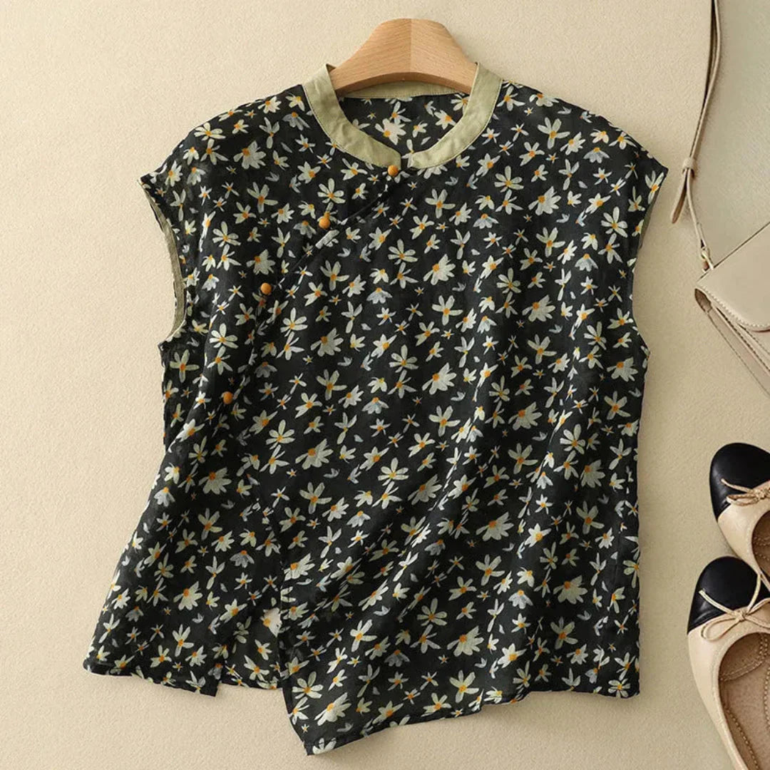 Blusa de mujer de manga corta con estampado floral, cuello mandarín y cierre de botones-Blouse for women-Casaluzia