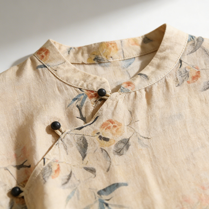 Blusa de mujer de manga corta con estampado floral, cuello mandarín y cierre de botones-Blouse for women-Casaluzia
