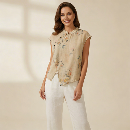 Blusa de mujer de manga corta con estampado floral, cuello mandarín y cierre de botones-Blouse for women-Casaluzia
