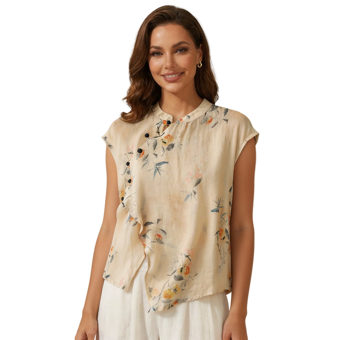 Blusa de mujer de manga corta con estampado floral, cuello mandarín y cierre de botones-Blouse for women-Casaluzia
