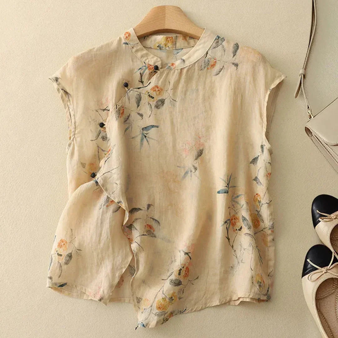 Blusa de mujer de manga corta con estampado floral, cuello mandarín y cierre de botones-Blouse for women-Casaluzia