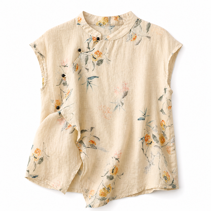 Blusa de mujer de manga corta con estampado floral, cuello mandarín y cierre de botones-Blouse for women-Casaluzia
